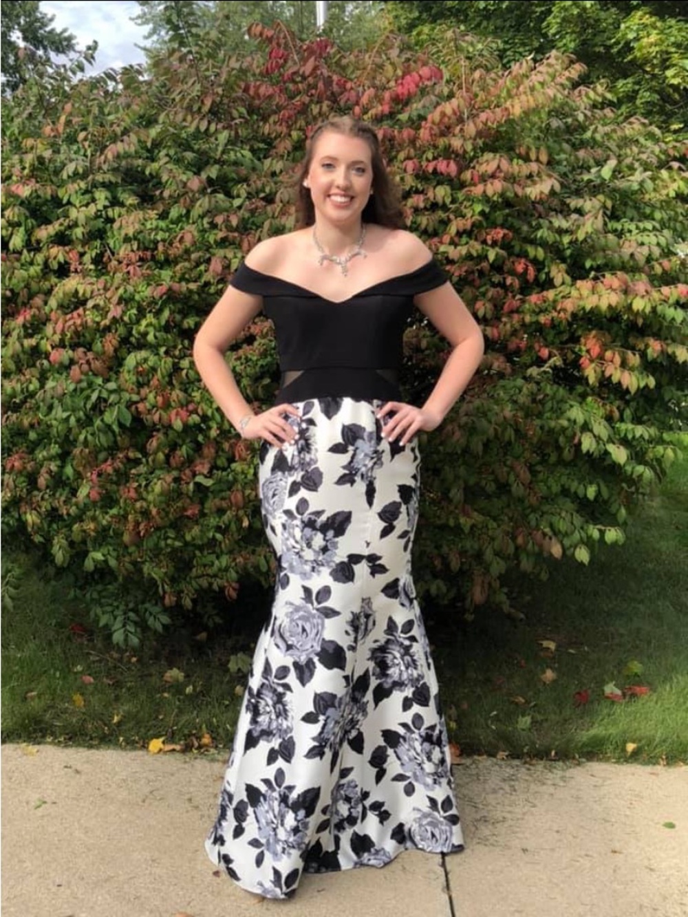 Off-Shoulder Black and White Floral Mermaid Dress